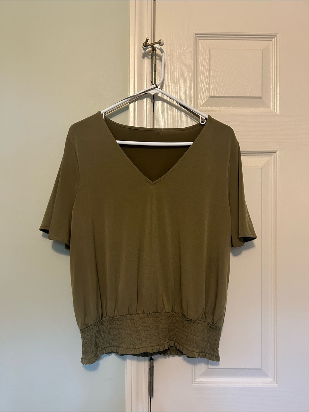 Michael Kors Olive V-Neck Flutter Sleeve Smocked Waist Top